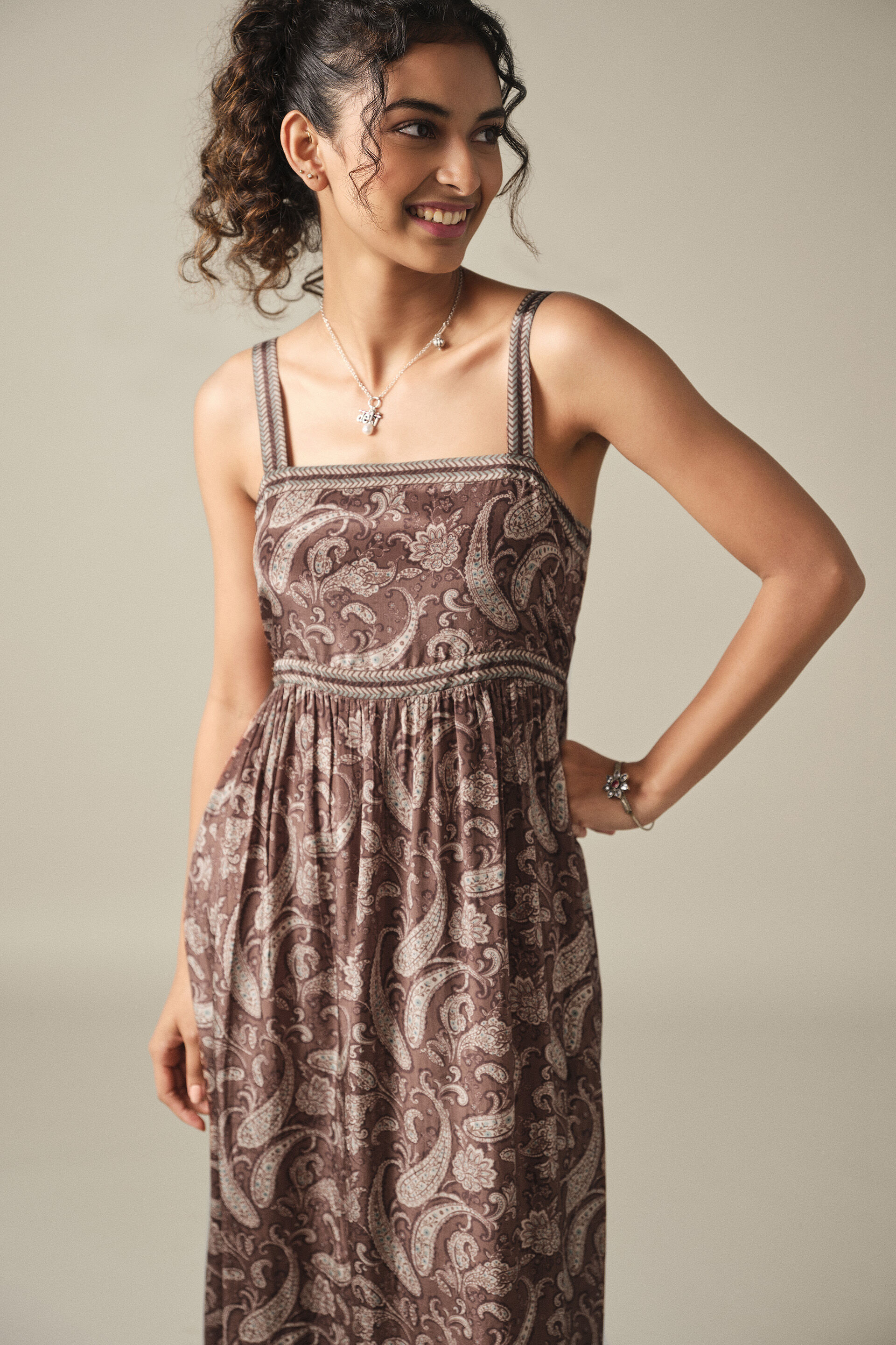 Tiered Paisley Print Maxi Dress in Brown, Brown, image 5